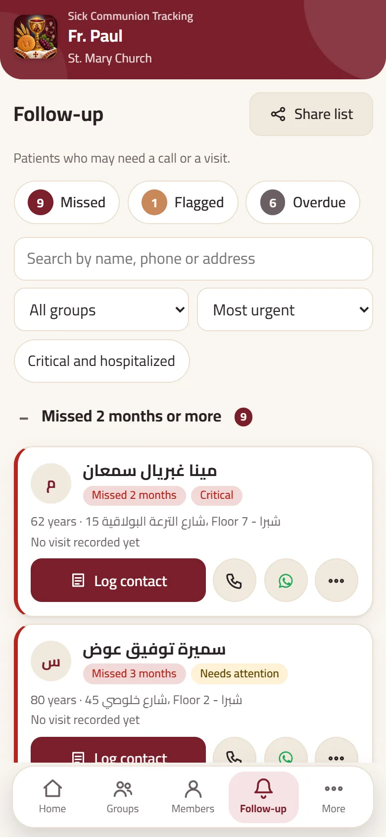 Follow-up list: missed and overdue patients